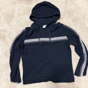 Vintage Y2K Knitworks Black Hooded LS Shirt with Chest and Sleeve Stripes Med/Lg